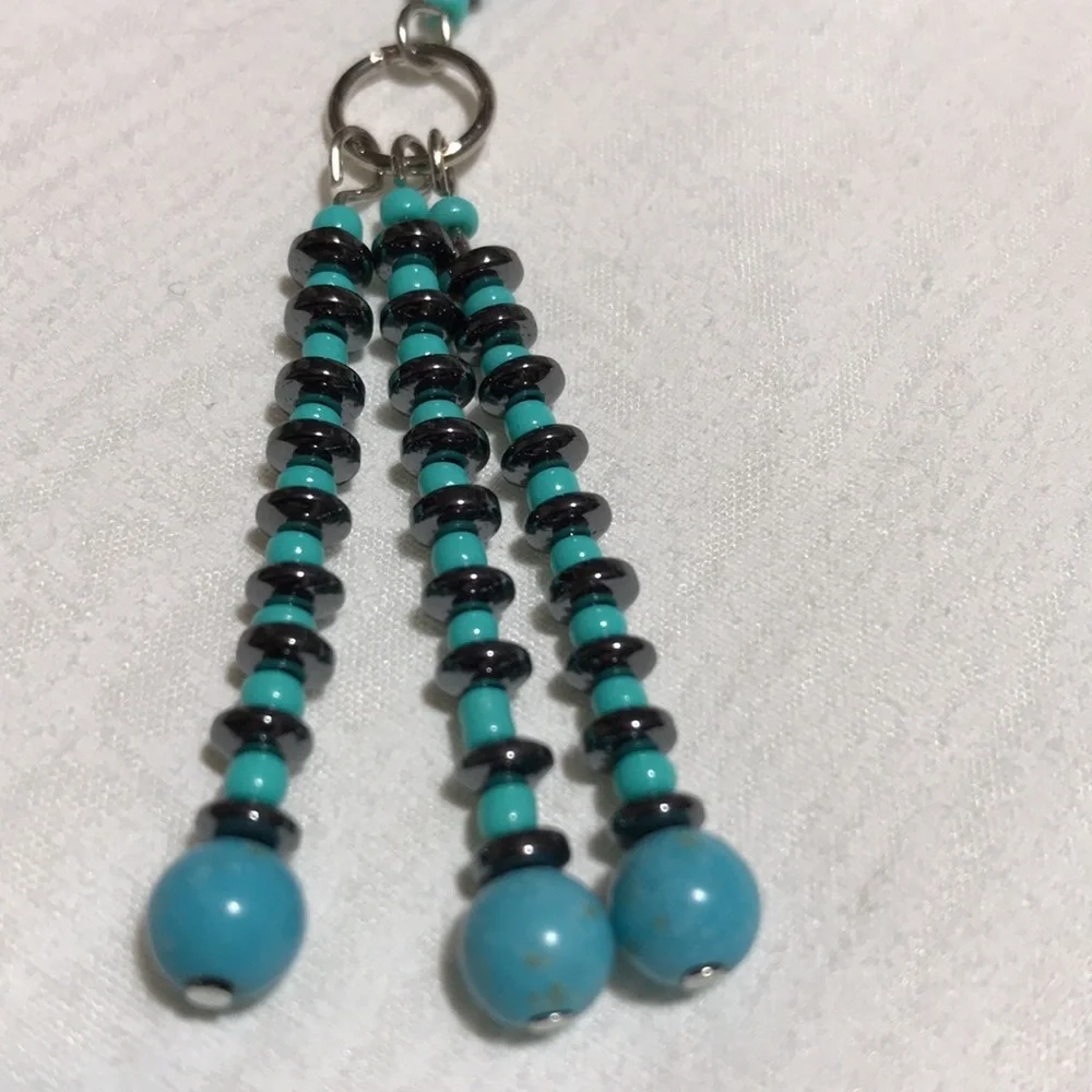 Metal Shepherds Hook Bkmk w/Chain & Turq Magnesite Gemstone,Glass, & Metal Beads